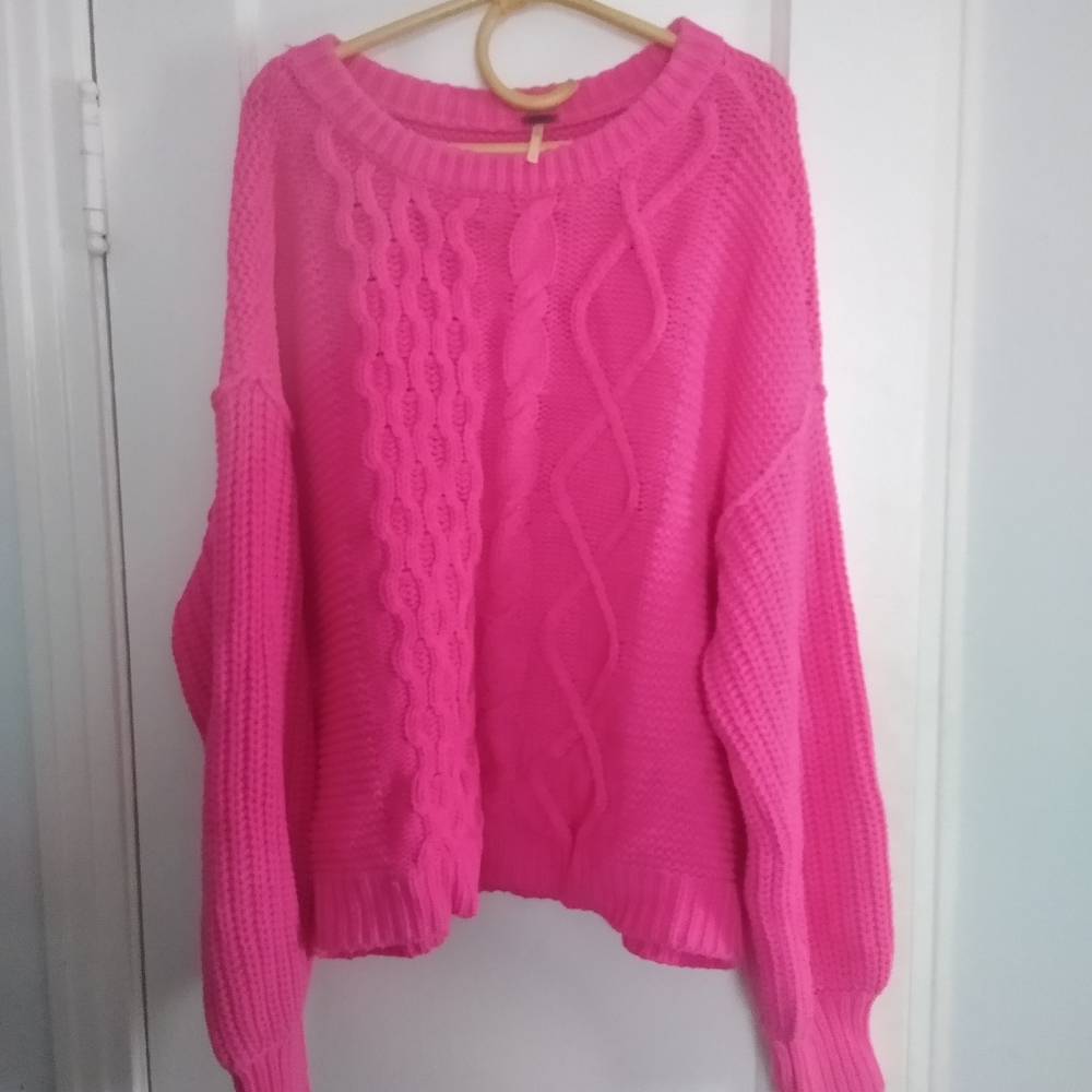 Free People Hot Pink Cable Knit Sweater